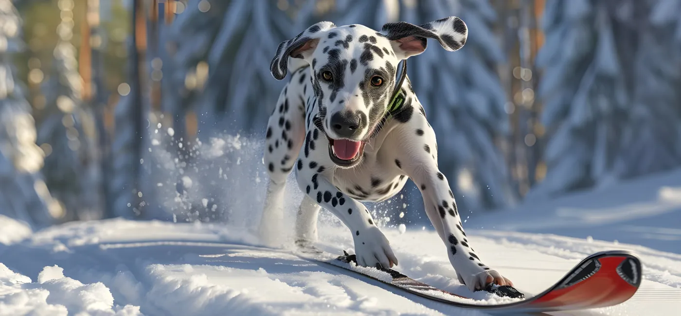 Dalmatiner Hund im Schnee mit Ski