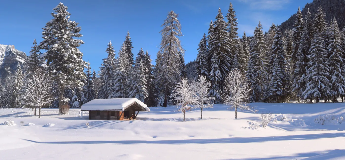 Winterlandschaft mit Hütte, Schnee, Sonne